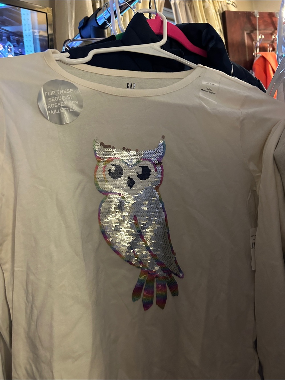 GAP Kids Cream Long-Sleeve Flip Sequin Owl Tee